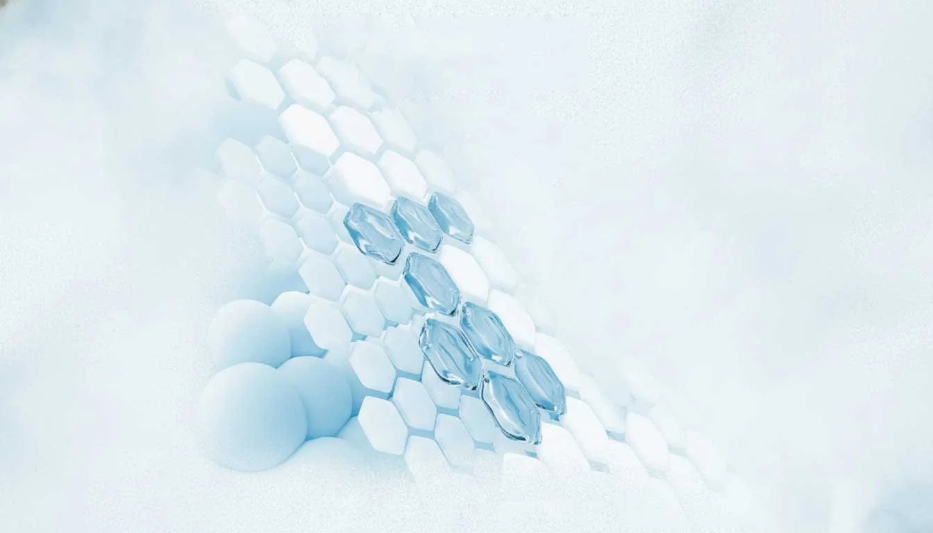 Scientific illustration showing how a treatment deeply strengthens the nail structure through a reinforced blue lattice.