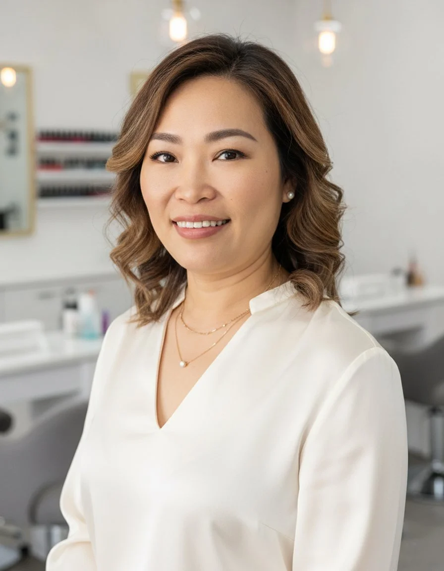 A smiling woman with shoulder-length wavy brown hair and pearl earrings stands in a bright, modern salon or spa setting wearing a white blouse and layered necklaces.