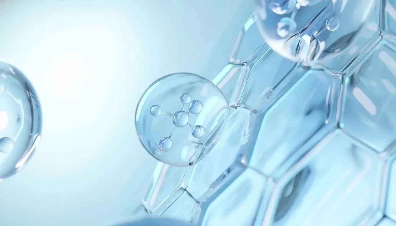 Scientific 3D rendering of blue molecular spheres and a hexagonal lattice structure for building stronger nail tissue.