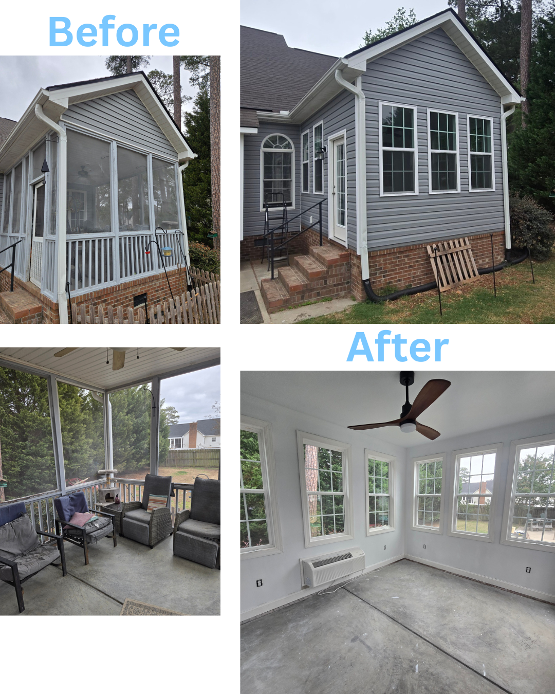 BEFORE (Screened in porch) vs AFTER (sunroom)
