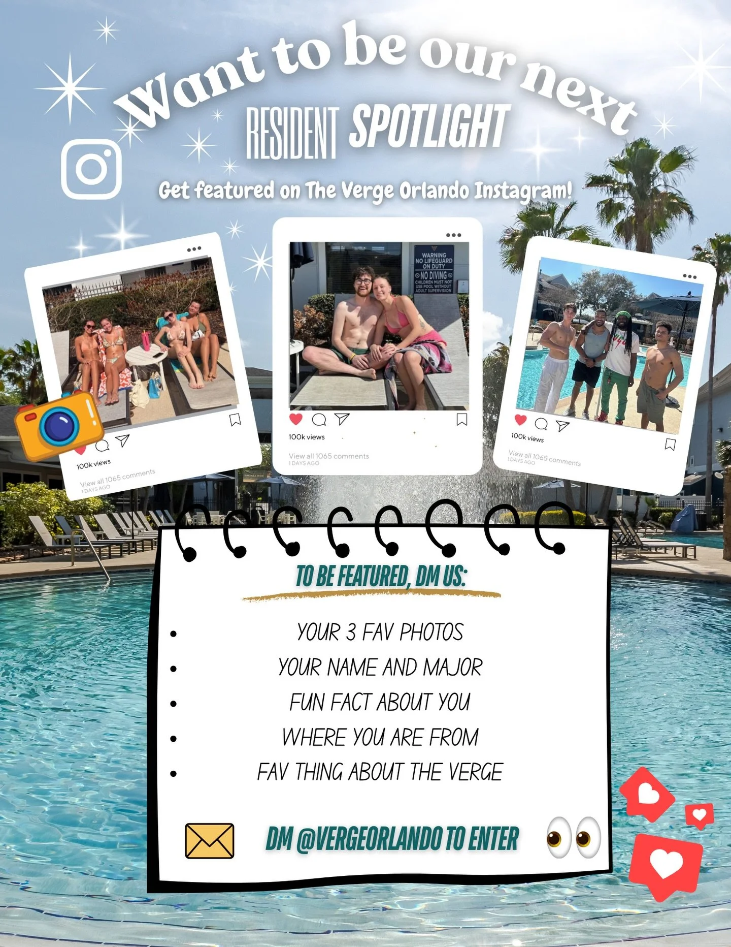 🌟 Introducing Resident Spotlight at The Verge! 🌟
We&rsquo;re highlighting the amazing residents that make our community what it is. Want to be featured?
DM us your 3 favorite photos + answer a few quick questions so everyone can get to know you!
Sp