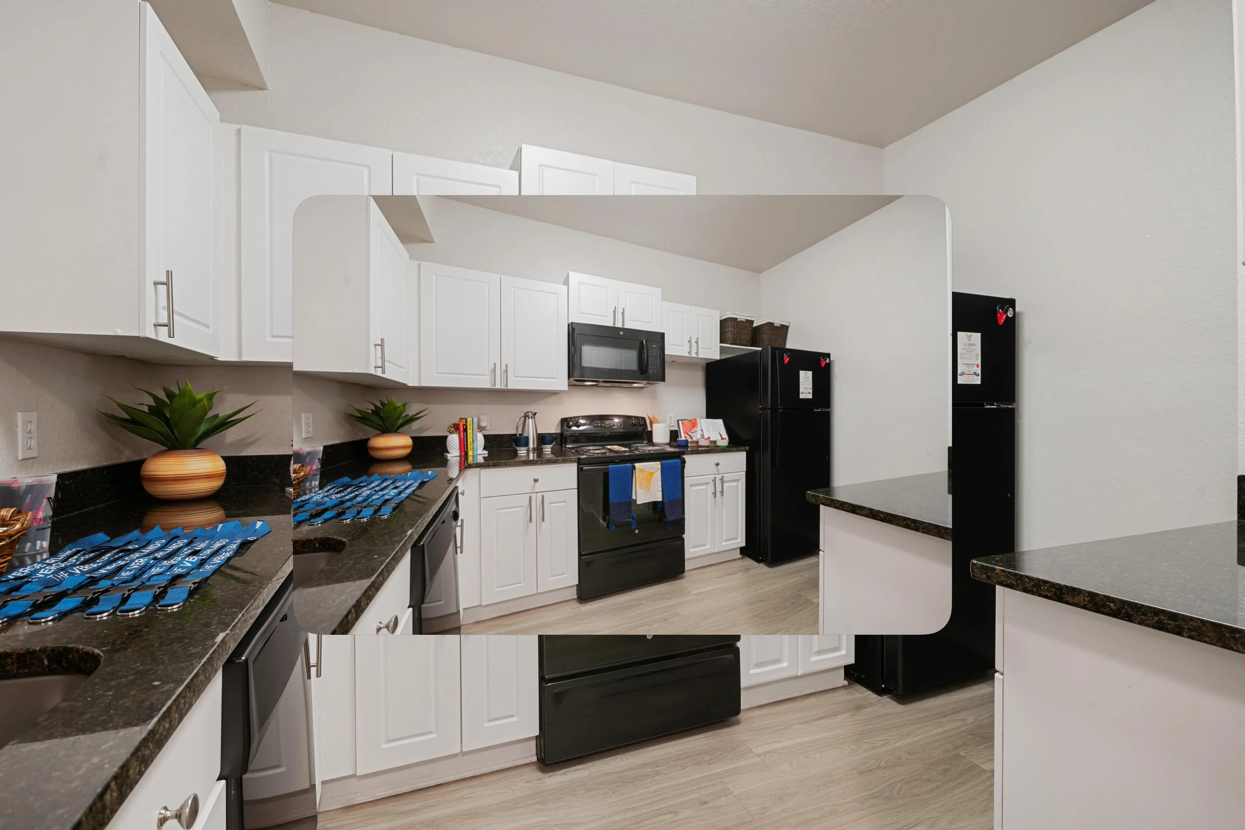 Modern kitchen goals at The Verge Orlando ✨
This kitchen space features white cabinetry, black appliances, granite-style countertops, vinyl flooring, and an extra pantry cabinet for additional storage space. Enjoy a fully equipped kitchen with a micr