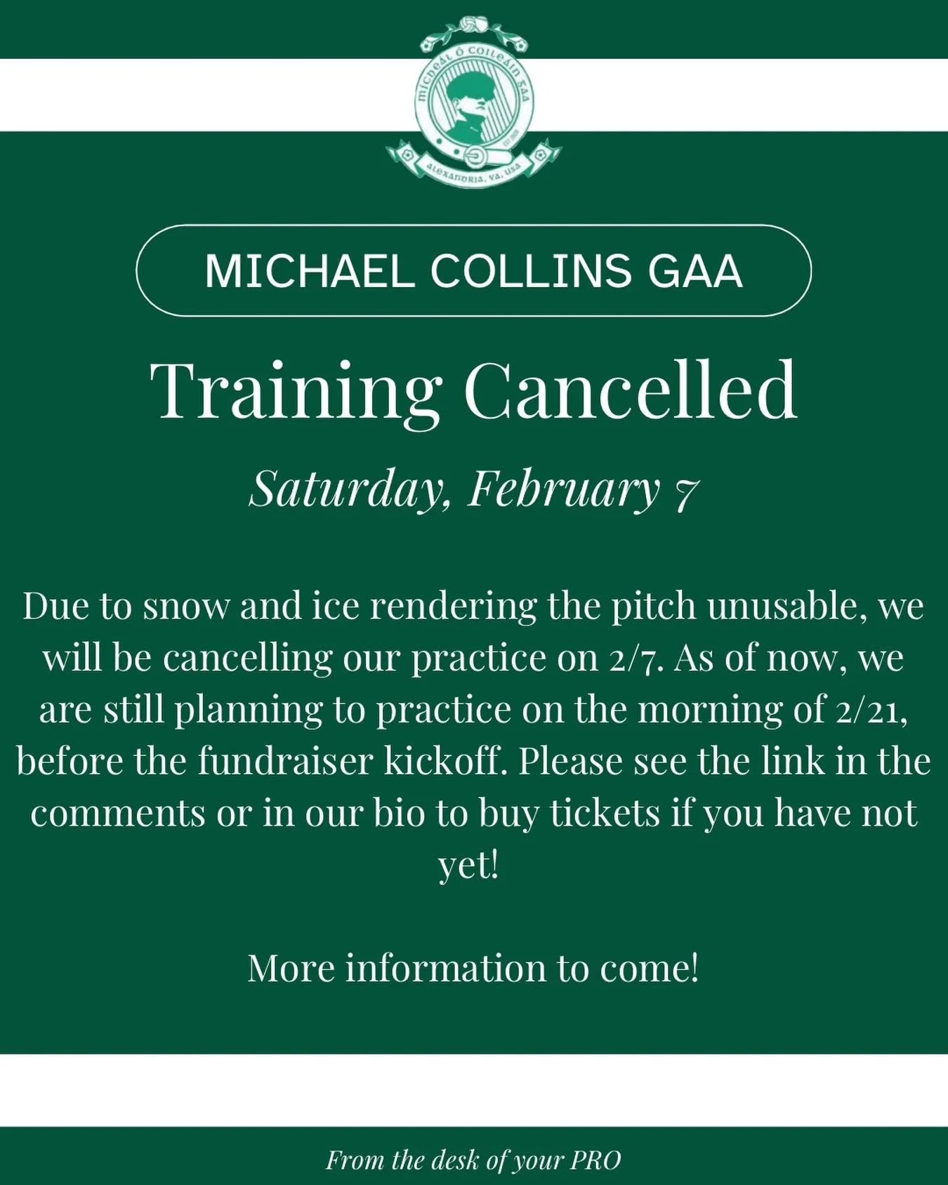 Hi all - with coming winter weather, we will be cancelling our first practice of the season planned for Saturday, February 7.  Please be safe and use this time to work on physical fitness and conditioning per our team trainer.  We look forward to see
