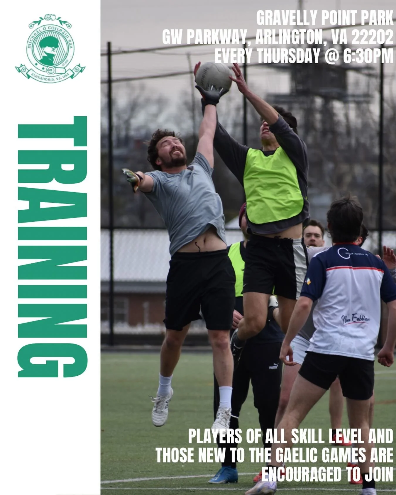 ‼️ UPDATED TIME ‼️

Due to popular demand (and increased daylight), weekly training will now begin at 6:30PM every Thursday at the field Gravelly Point Park.

Players of all skill level and those new to the Gaelic games are encouraged to join.

We'll