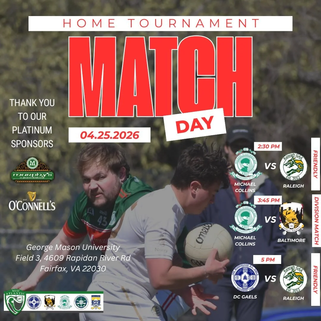GAME DAY!

Join us tomorrow, Saturday, April 25, at George Mason University for our Home Tournament Invitational. Come see the @mid_atlantic_gaa football teams battle it out against our friends from @raleigh.gaa as we get an exciting TRIPLE HEADER he