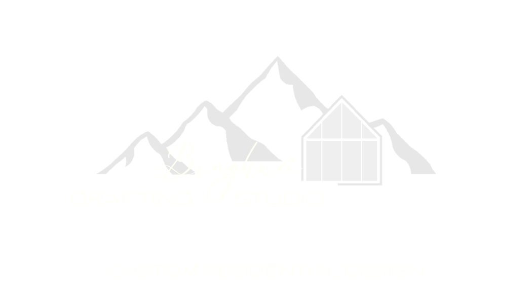 Logo for Bingham Drafting Studio featuring mountain peaks and a house silhouette, with text for residential design services.