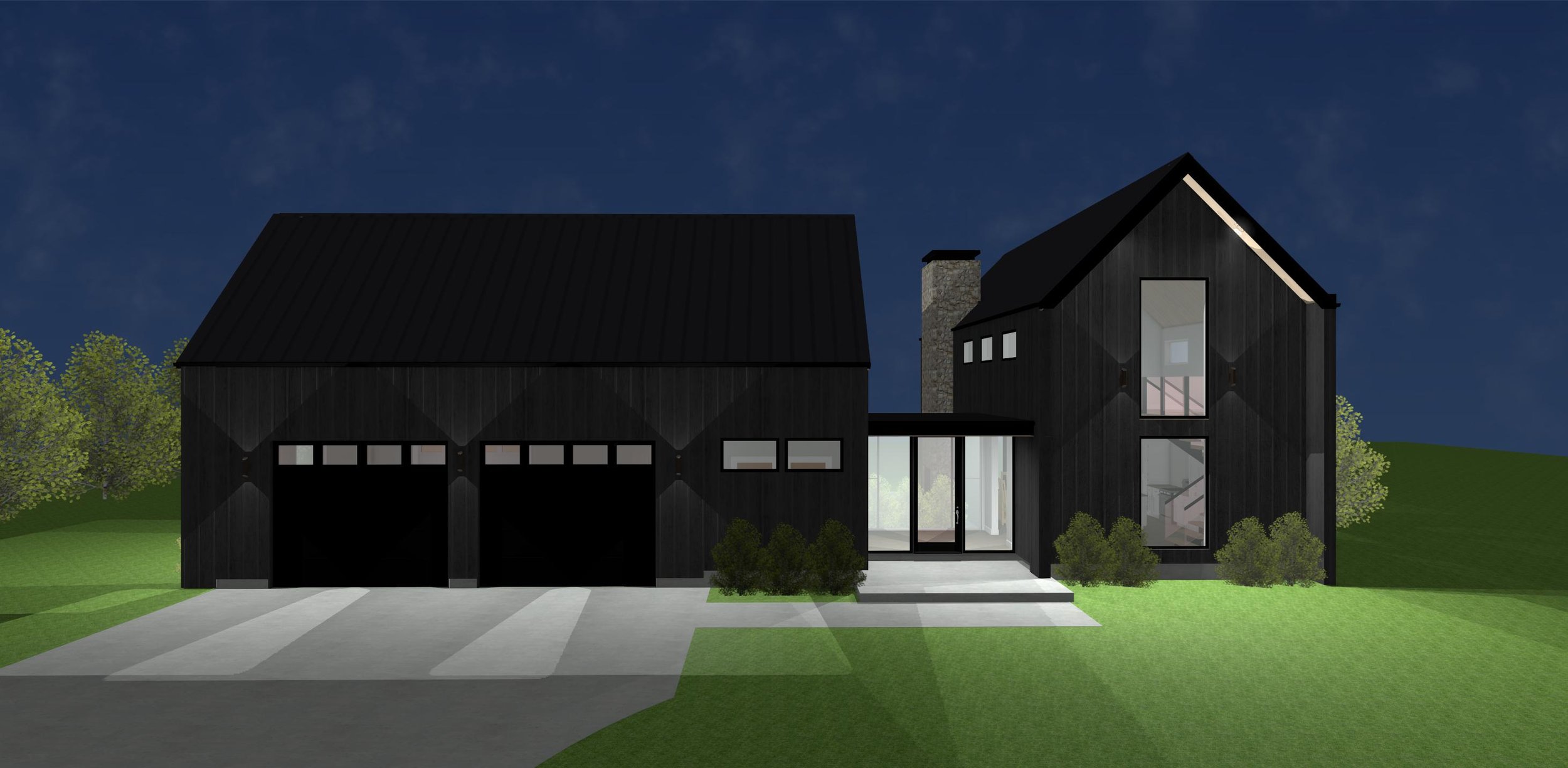 Nighttime view of a modern black house with large windows, a two-car garage, and a landscaped front yard with shrubs and grass.