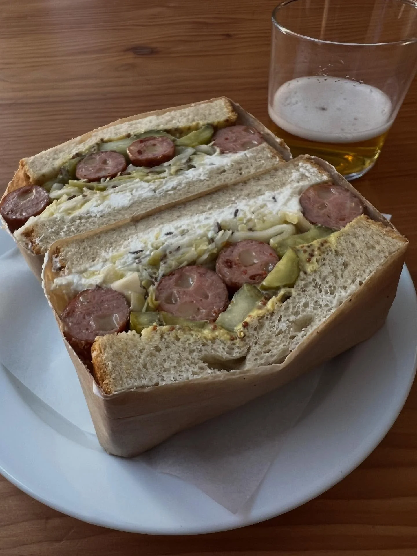 The best sandos in Copenhagen are from Abrikos.
&nbsp;
Sandwich of the month for October is &ldquo;Sausage &amp; Kraut&rdquo;: K&auml;sekrainer (an Austrian cheesy sausage), whole grain mustard, pickles, fresh horseradish, kraut &amp; horseradish cre