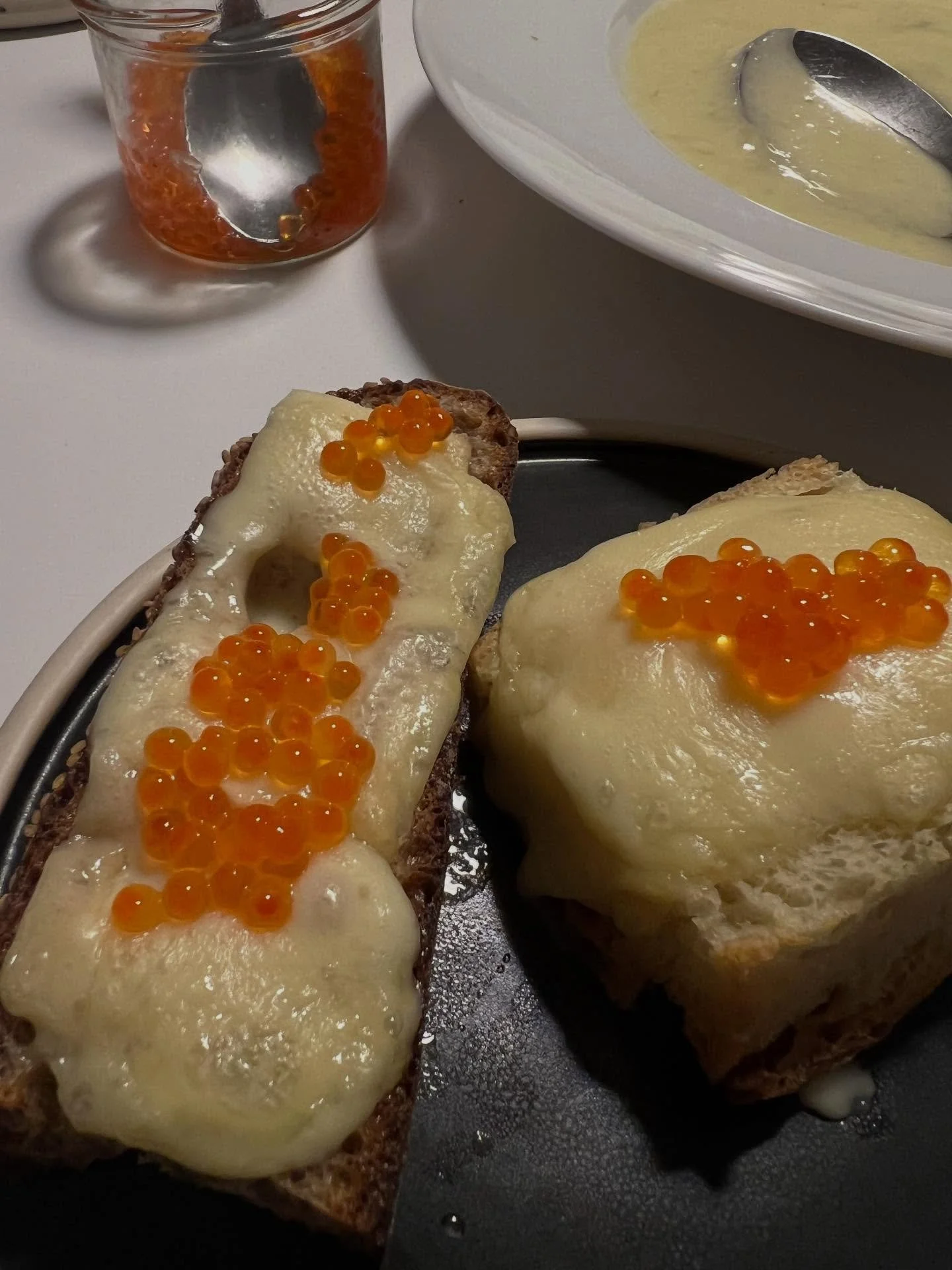 Post Holiday Dishes Using What&rsquo;s in House

🥣Soup of Jerusalem artichokes and potatoes
🍞Warm cheese toast of sourdough topped with trout roe
&nbsp;
🎃Hasselback hokkaido squash with brown butter, Nocciola from Piemonte, and thyme &ndash; thank