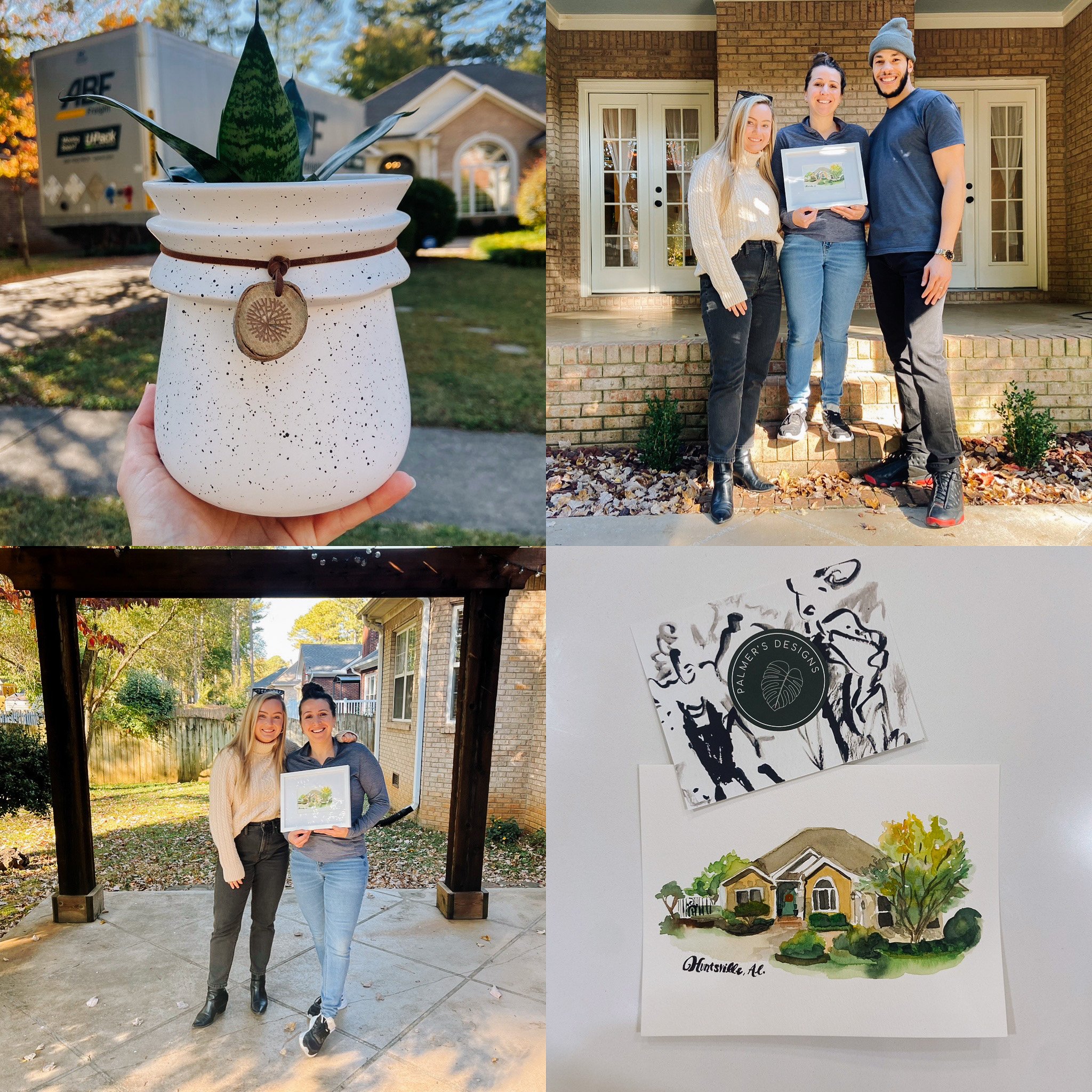 Laurie’s customers, Mariana and Carmen holding hands on a green lawn on their wedding day.