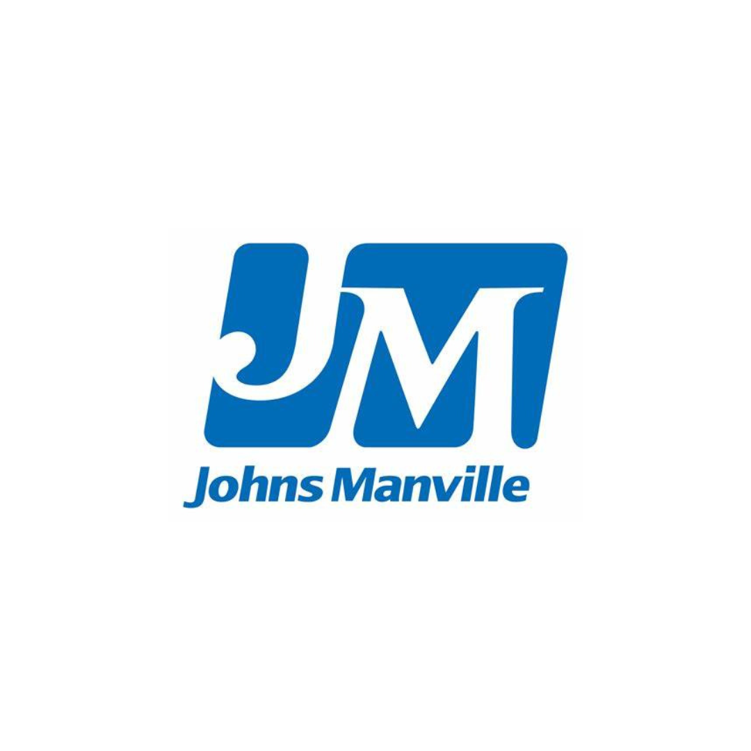 The logo of Johns Manville featuring stylized blue initials "J" and "M" with the full name "Johns Manville" written underneath.