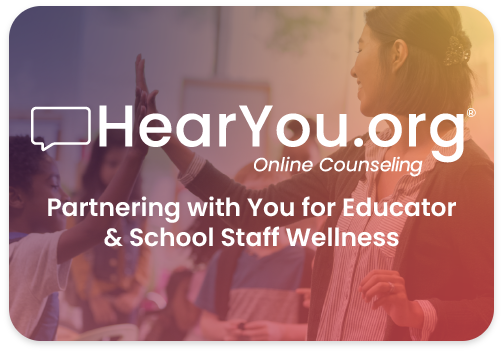 HearYou.org logo with tagline supporting wellness through online counseling, featuring a gradient background from purple to yellow and a speech bubble with 'HY'.
