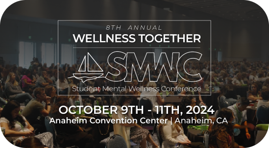 Audience seated at a conference with a large screen displaying '8th Annual Wellness Together SMWC Student Mental Wellness Conference October 9th - 11th, 2024, Anaheim Convention Center, Anaheim, CA.'