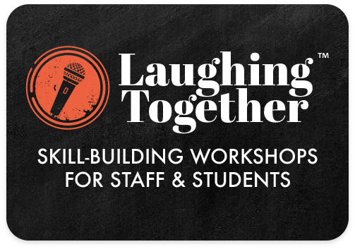 Logo for Laughing Together, with a red circle and a microphone icon, promoting mental health awareness through comedy shows and workshops.