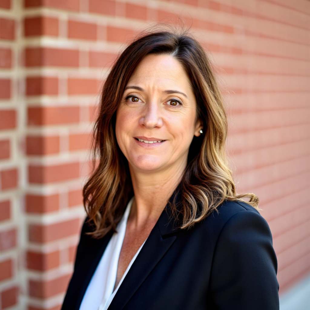 A woman with wavy brown hair, wearing a dark blazer and a white blouse, standing outdoors against a brick wall.