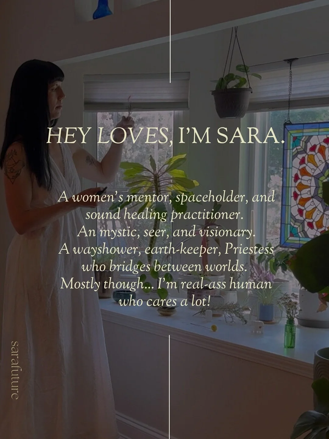 Hello beauties! I&rsquo;m Sara &mdash;

a women&rsquo;s mentor, sacred spaceholder, sound healer, earth mystic, wayshower, dog mom, wife,
but mostly&hellip; I&rsquo;m a real-ass human who cares a lot.

I guide women and feminine leaders to reclaim th