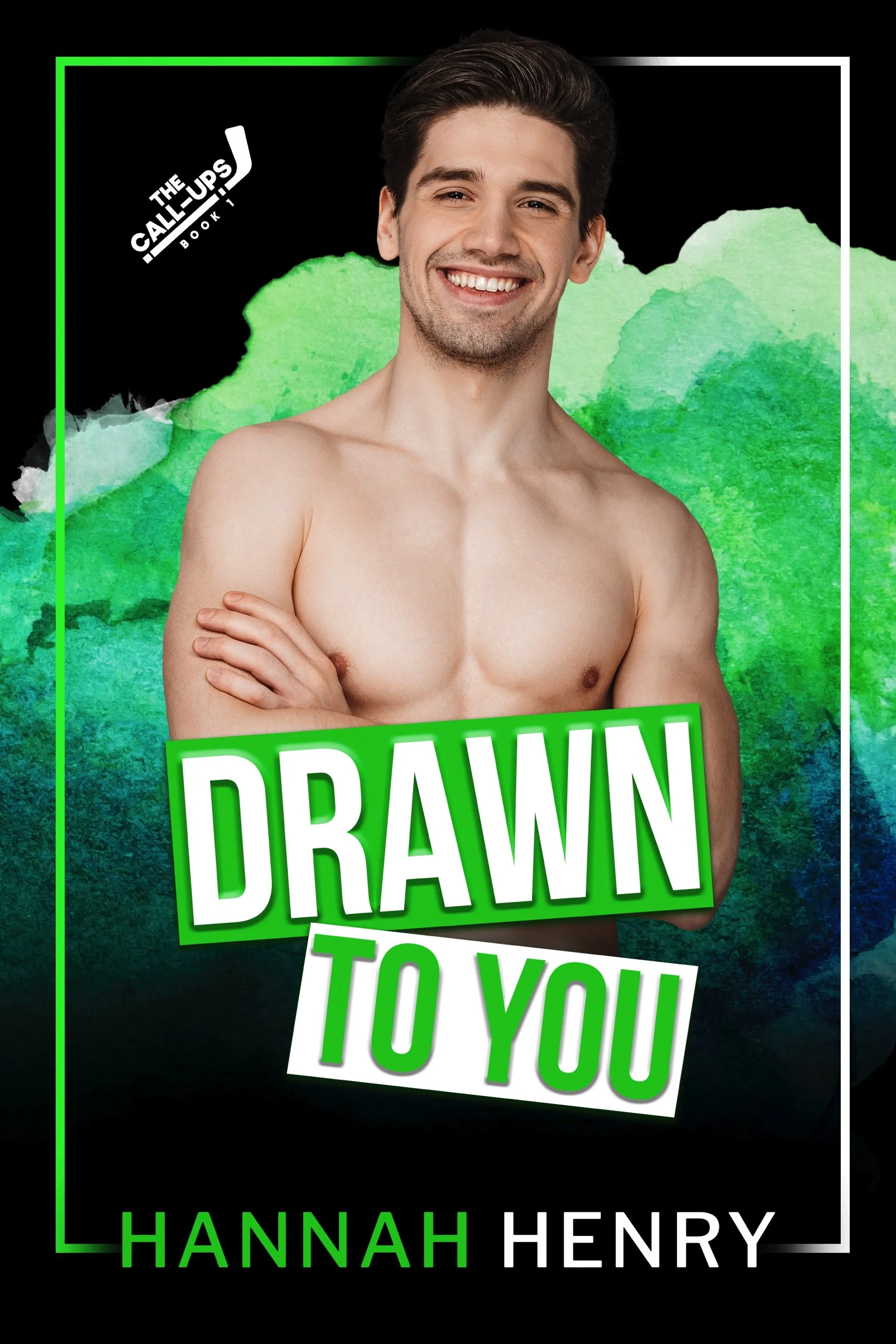 A shirtless man stands in in front of a green watercolor background with the title Drawn to You in front