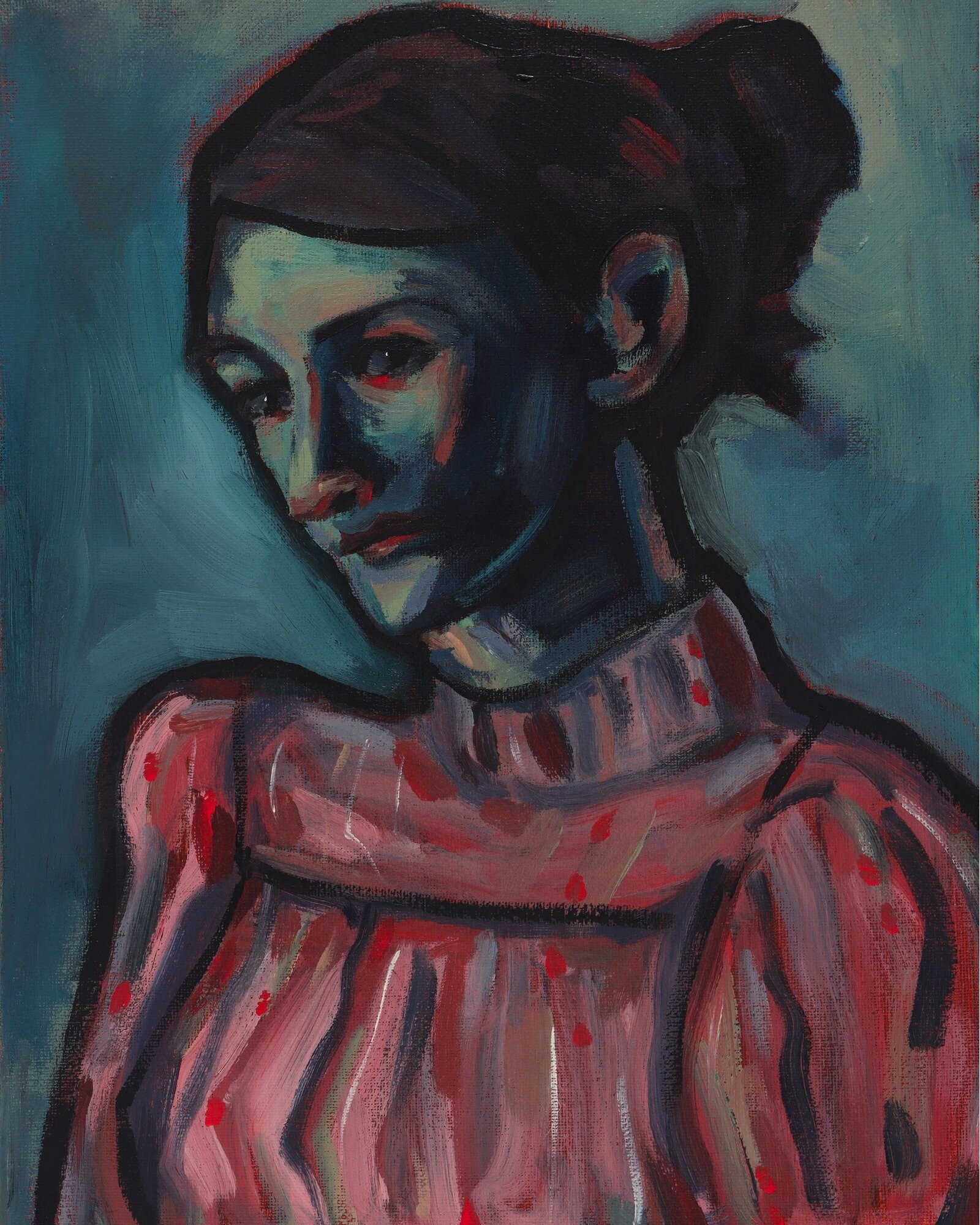 &quot;Woman in Sweater&quot;, 2023 Acrylic on Canvas. Now on display and for sale at @evolvdesigncollective. I departed from this kind of expressionist style with thick, blocked in strokes and simplified forms for a while. I did many simplified, flat