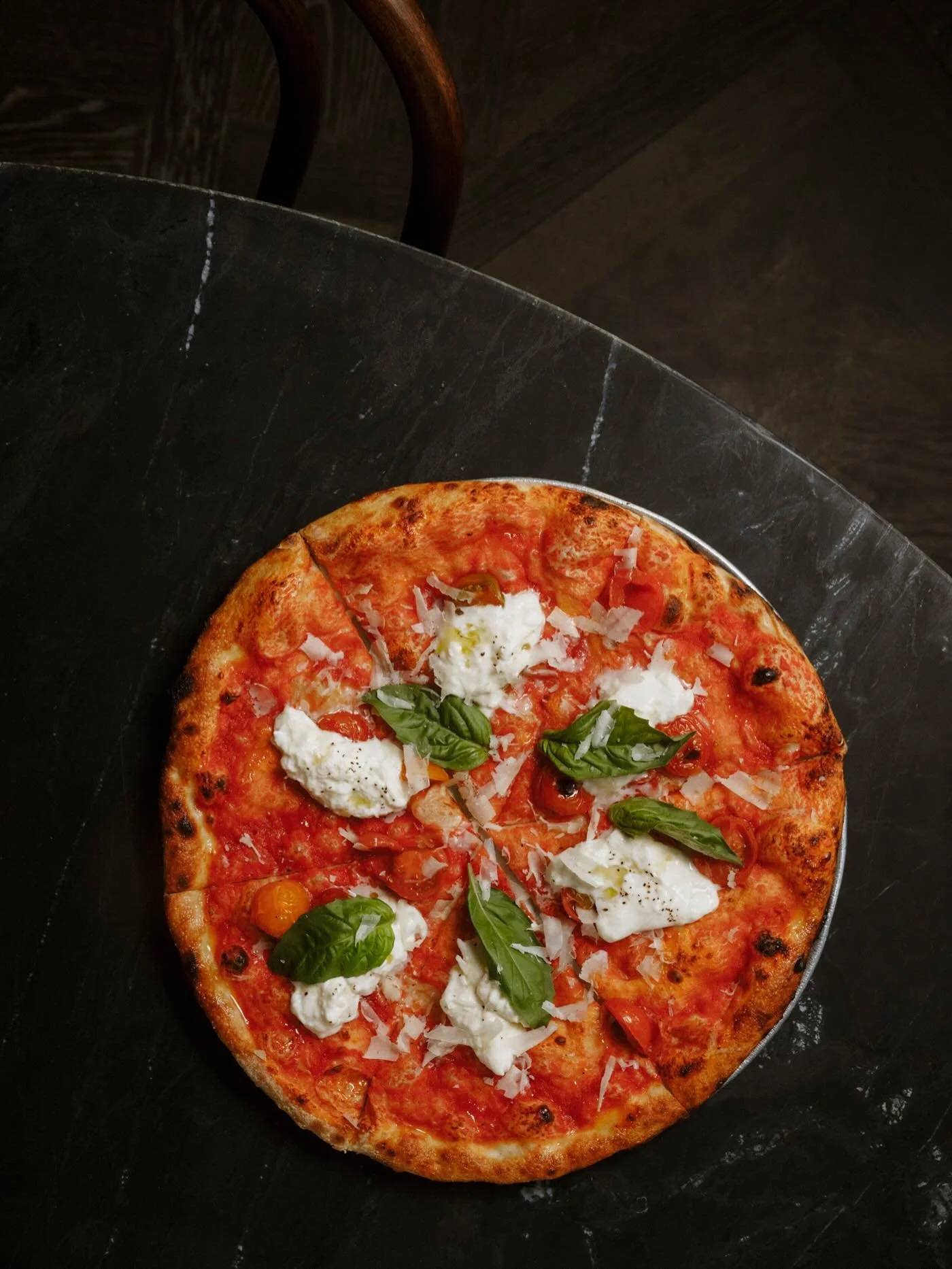 burrata margherita pizza (V) with fresh tomatoes, basil &amp; fresh burrata.

#massilia #dtla