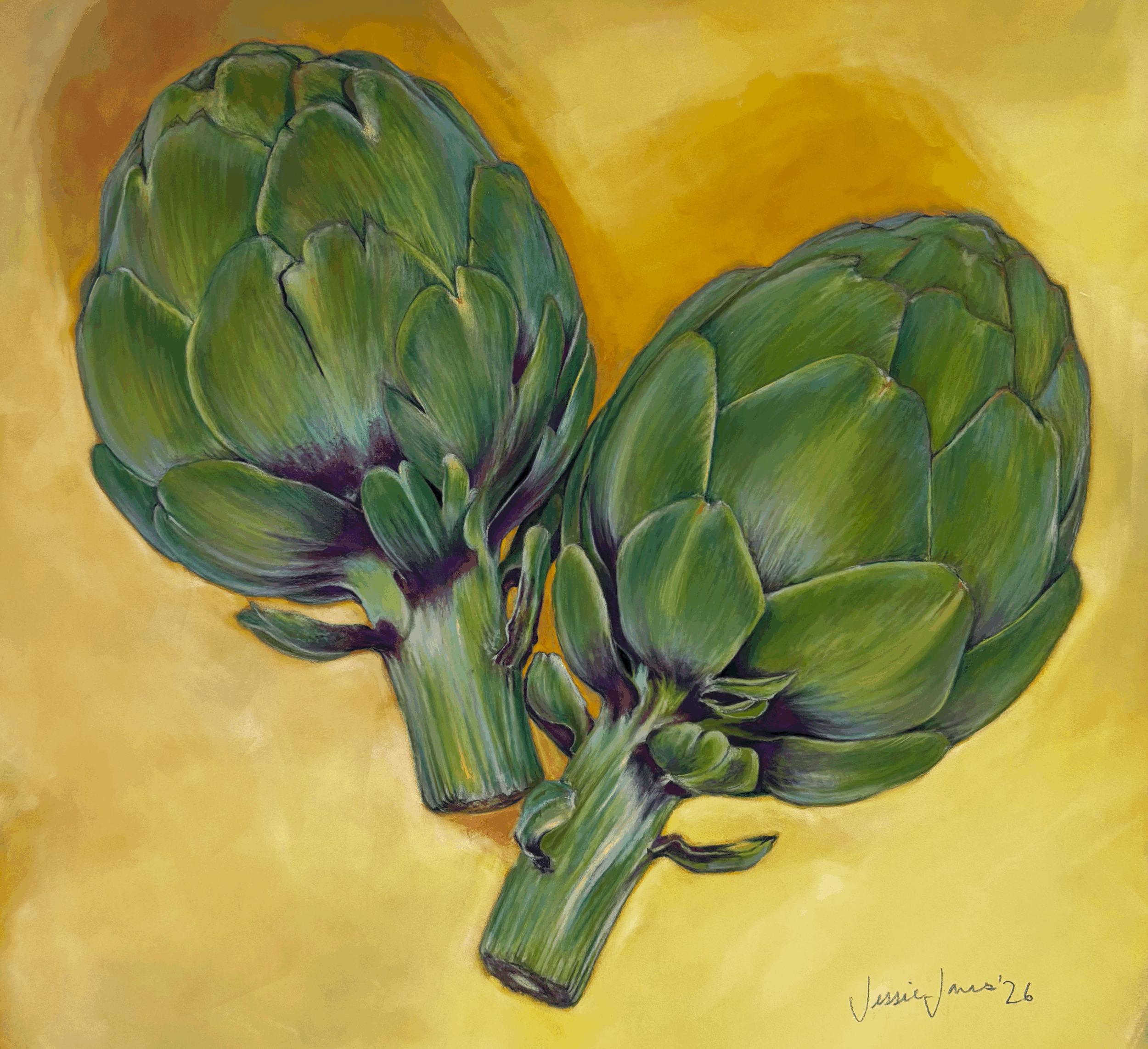 Two Colorful Artichokes- Original Chalk pastel Drawing