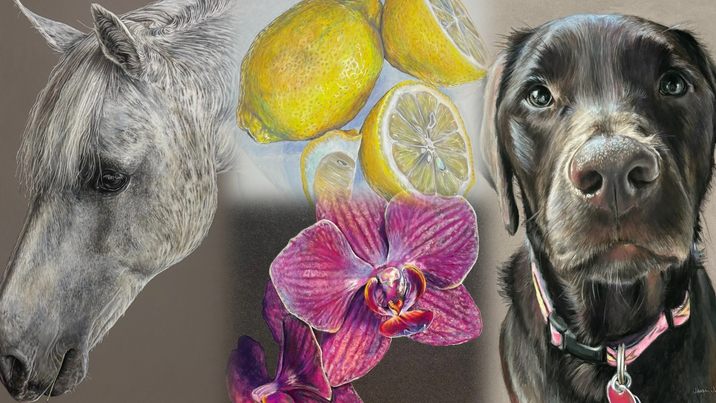 A detailed drawing of a horse on the left, a colorful arrangement of lemons and a pink orchid flower in the center, and a black and gray puppy with a pink collar on the right.
