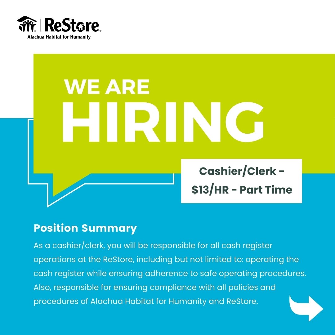 🛍️ Join Our ReStore Team! As a Cashier/Clerk, you'll manage cash register operations and ensure a safe, welcoming environment for our customers. Apply today and be part of our community impact! #NowHiring #ReStoreJobs #ApplyNow 

Share with anyone y