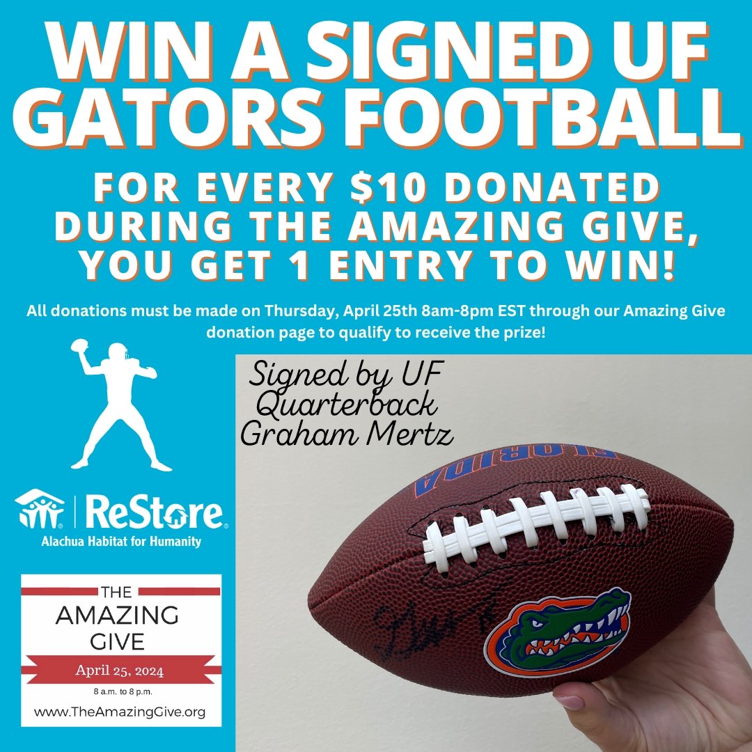 🏈🌟 Score a Touchdown for Habitat! 🌟🏈

This April 25th, during The Amazing Give, you have the chance to win a UF Gators Football signed by star quarterback Graham Mertz, generously donated by our friends at Florida Victorious! For every $10 you do