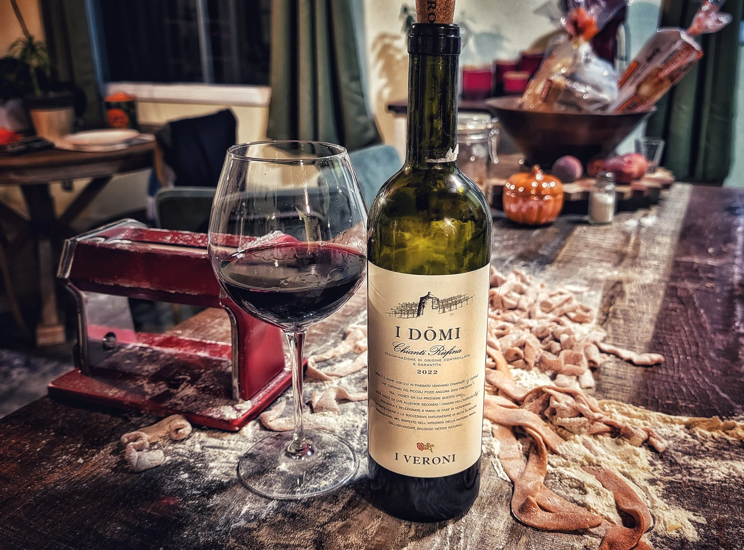 Enjoying a good, Italian Chianti while making fresh pasta!