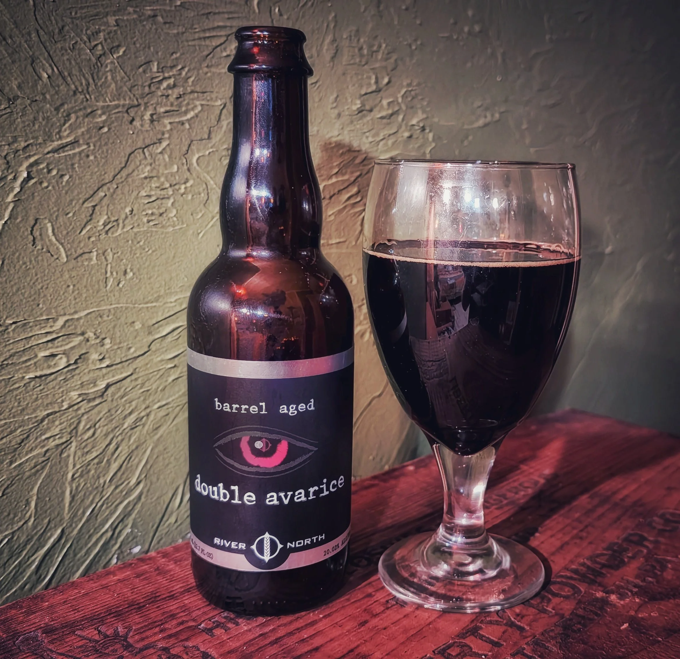 Double Avarice from River North Brewing in Denver. This BURLY 21% heavy-hitter is an American Stout. Cracked this for New Year's. Thick, sweet, not as syrupy as I expected and OH, SO, GOOD!