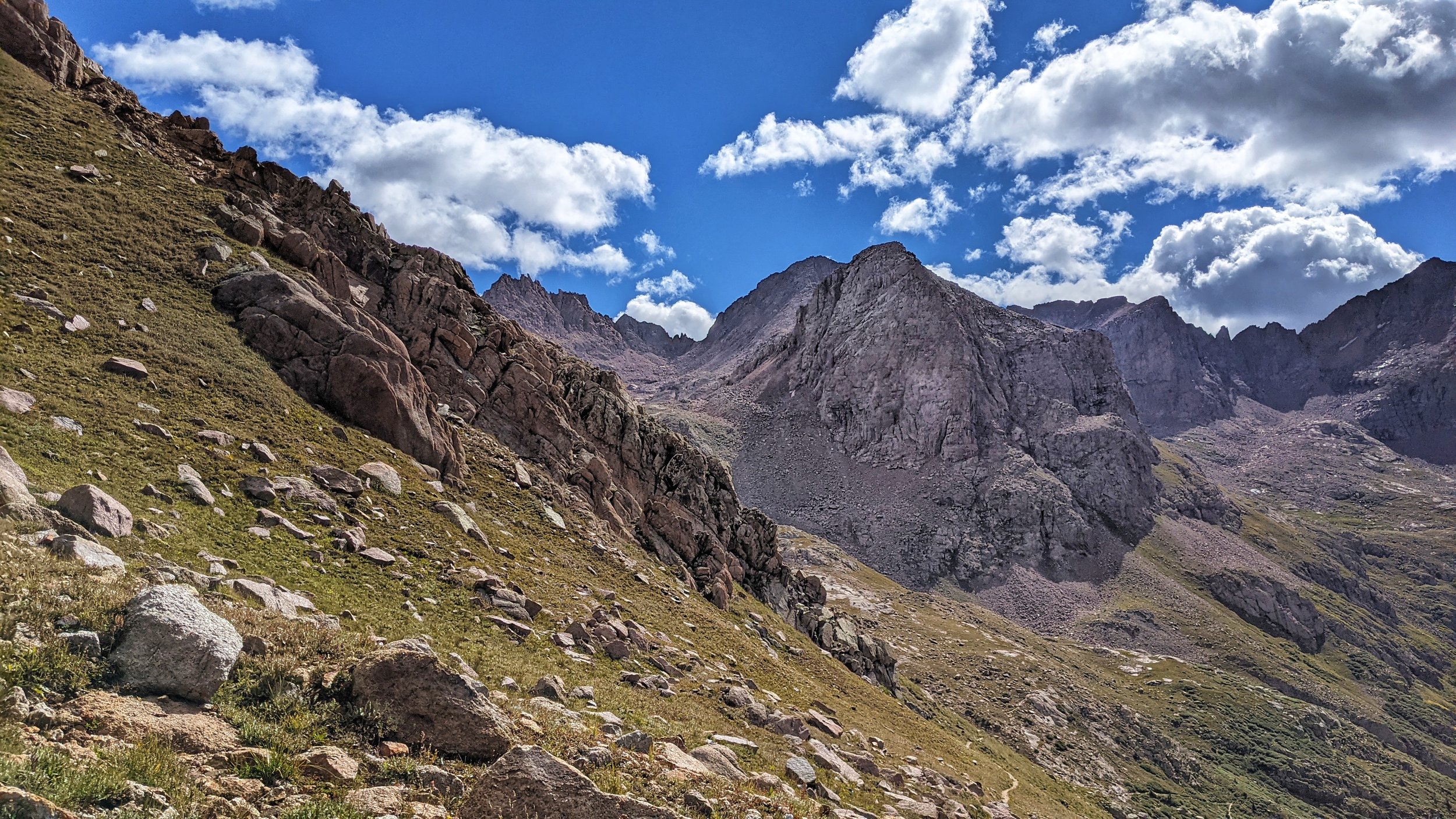 Looking east towards Windom Peak (14,089') and Peak Eighteen from the trail up towards Mt. Eolus.