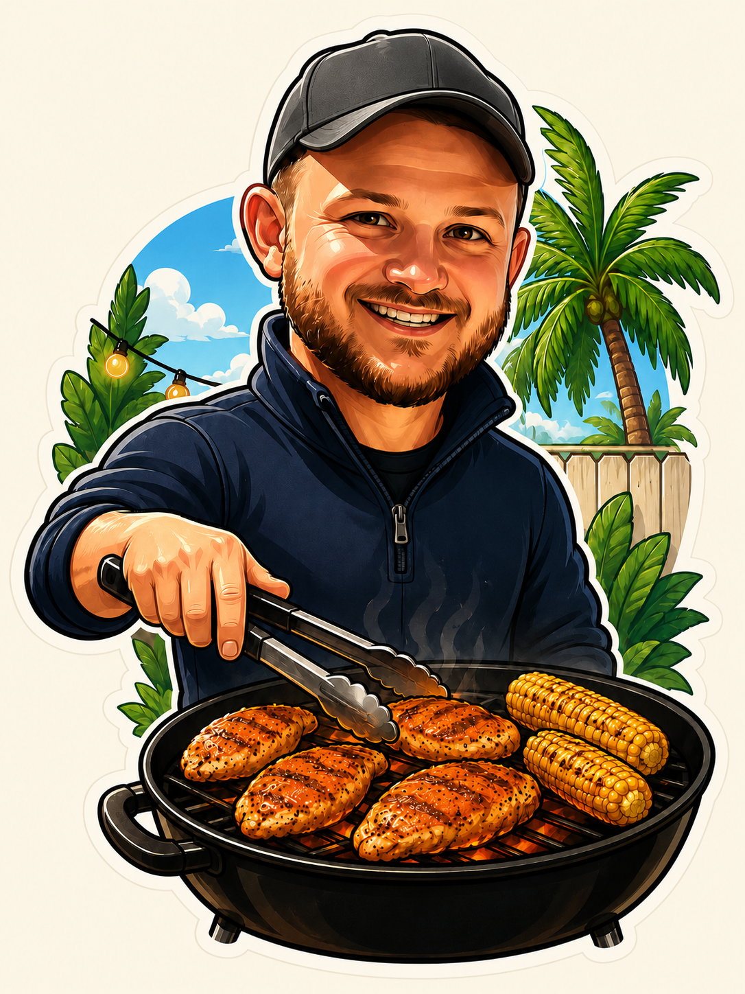 A man with a beard and cap smiling while grilling chicken and corn on a barbecue grill outdoors, with palm trees and string lights in the background.