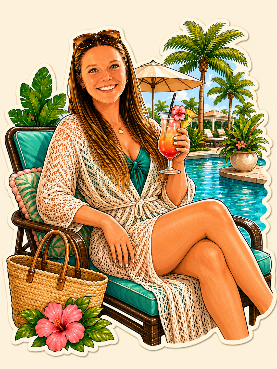 A woman sitting by a pool holding a tropical cocktail, surrounded by palm trees, plants, and a poolside setting with umbrellas and chairs.