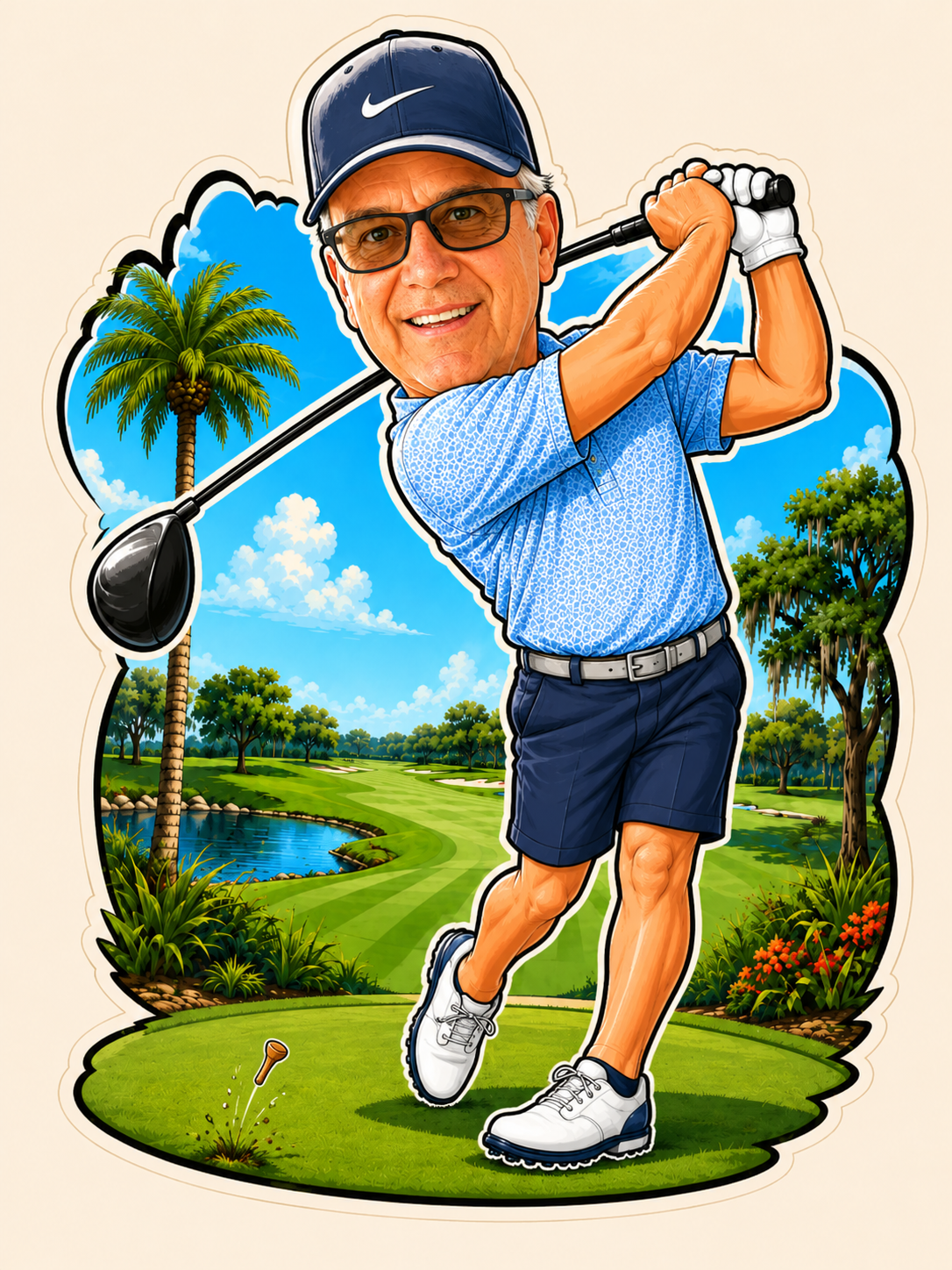 Caricature of a man playing golf on a course with trees, water, and a clear blue sky, wearing a cap, sunglasses, and casual golf attire.