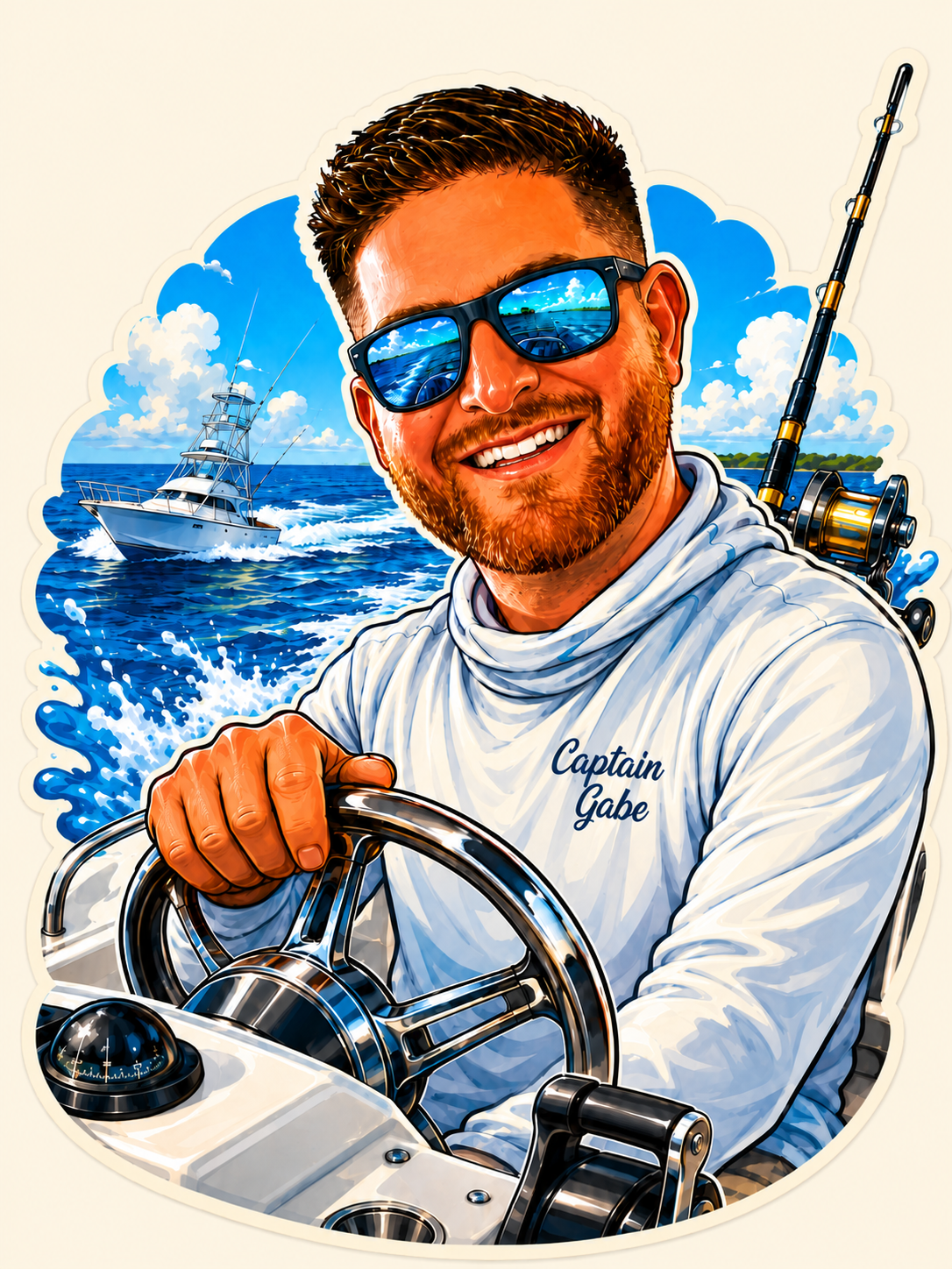 Illustration of a smiling man with sunglasses and a beard, driving a boat on the water, with a fishing rod on his shoulder and a yacht in the background.