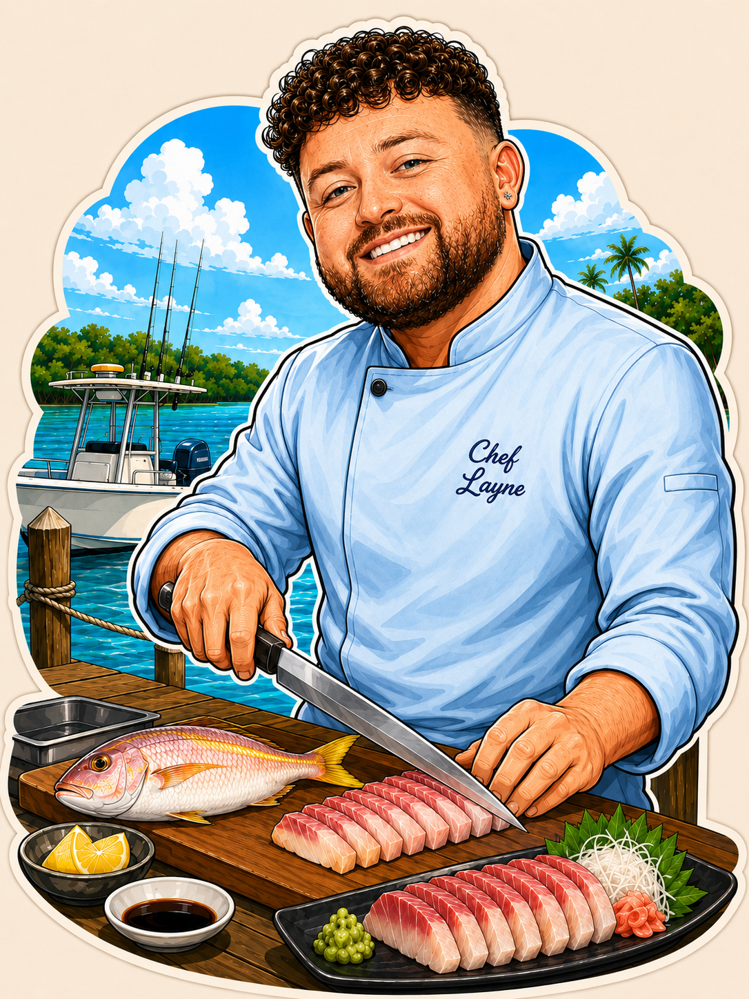A male chef with a beard and curly hair, wearing a light blue chef's coat with the embroidered name 'Chef Layne', slicing fresh fish on a wooden dock by the water with a yacht, palm trees, and blue sky in the background.