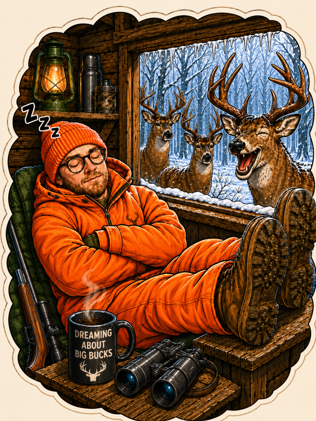A man sleeping in a cozy cabin with winter outside the window, showing three deer, one with large antlers, in the snow-covered woods.