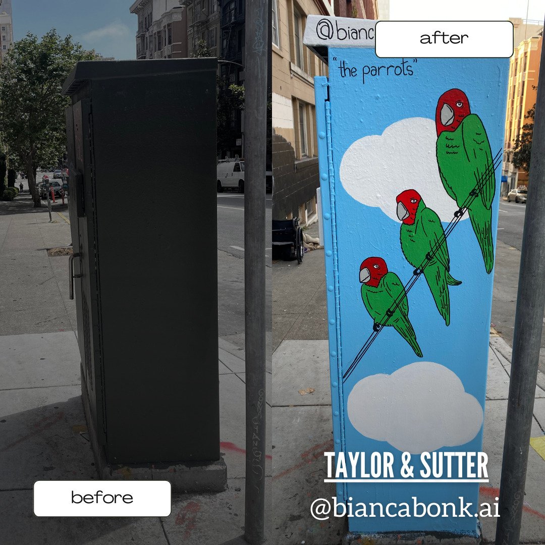 @civic_joy_fund&nbsp;has commissioned&nbsp;@biancabonk.ai&nbsp;at Taylor and Sutter. Please come by and take a look to see the transformed electrical box in person for yourself!
 #ArtisticTransformation&nbsp;#civicjoyfund&nbsp;#paintthecity&nbsp;#San