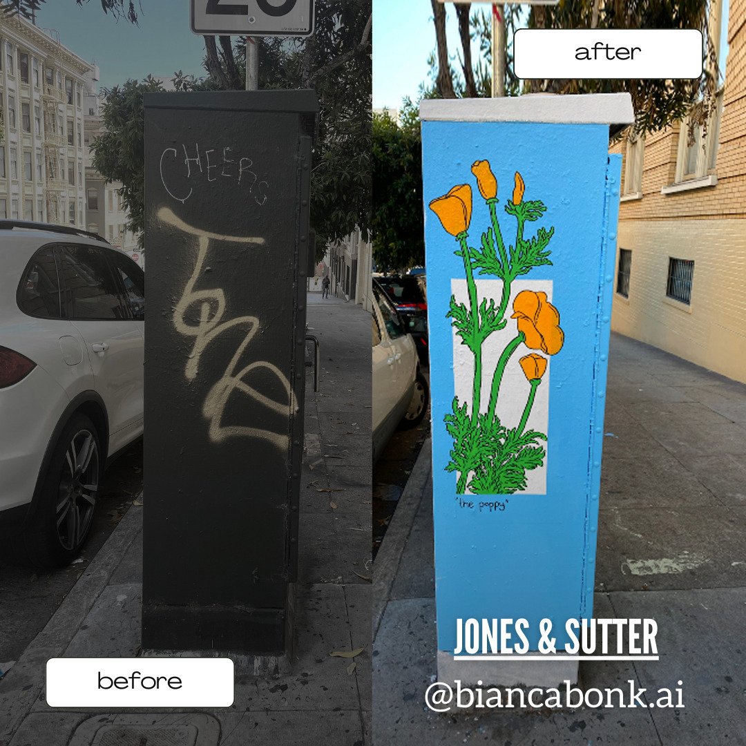 @civic_joy_fund&nbsp;has commissioned&nbsp;@biancabonk.ai&nbsp;at Jones and Sutter. Please come by and take a look to see it in person for yourself!
 #ArtisticTransformation&nbsp;#civicjoyfund&nbsp;#paintthecity&nbsp;#SanFranciscoArt #paintthevoidpro