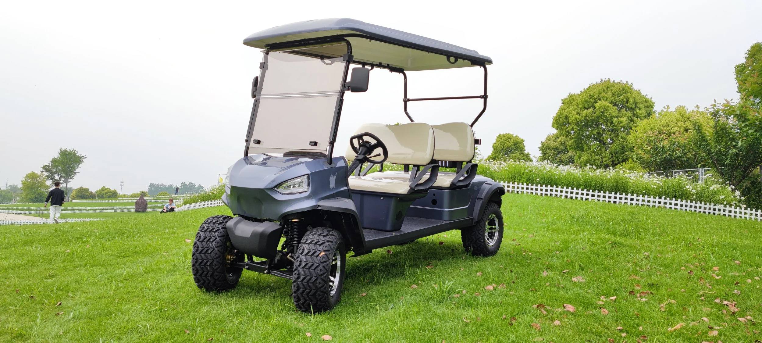 Gray and black golf cart with beige seats parked on green grass in a park with trees and people in the background.