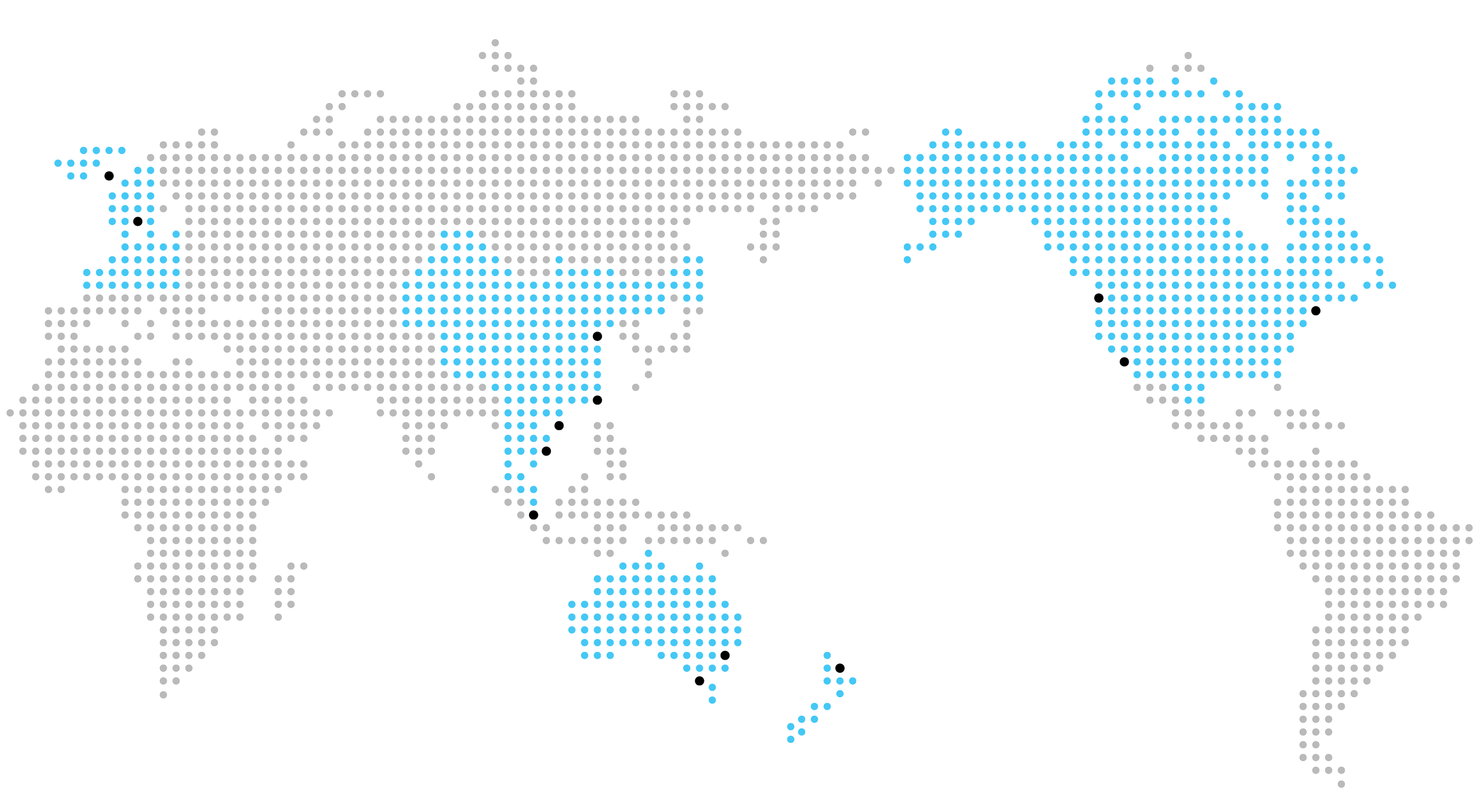 Graphic map of the world made of small colored dots, with North America, South America, and parts of Asia and Australia highlighted in blue.