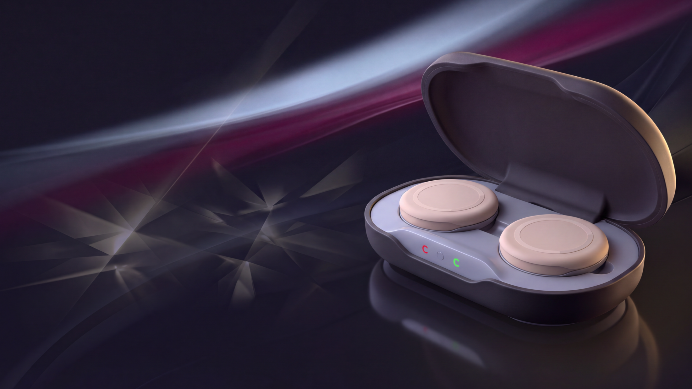 A pair of wireless pods in a charging case with indicator lights.