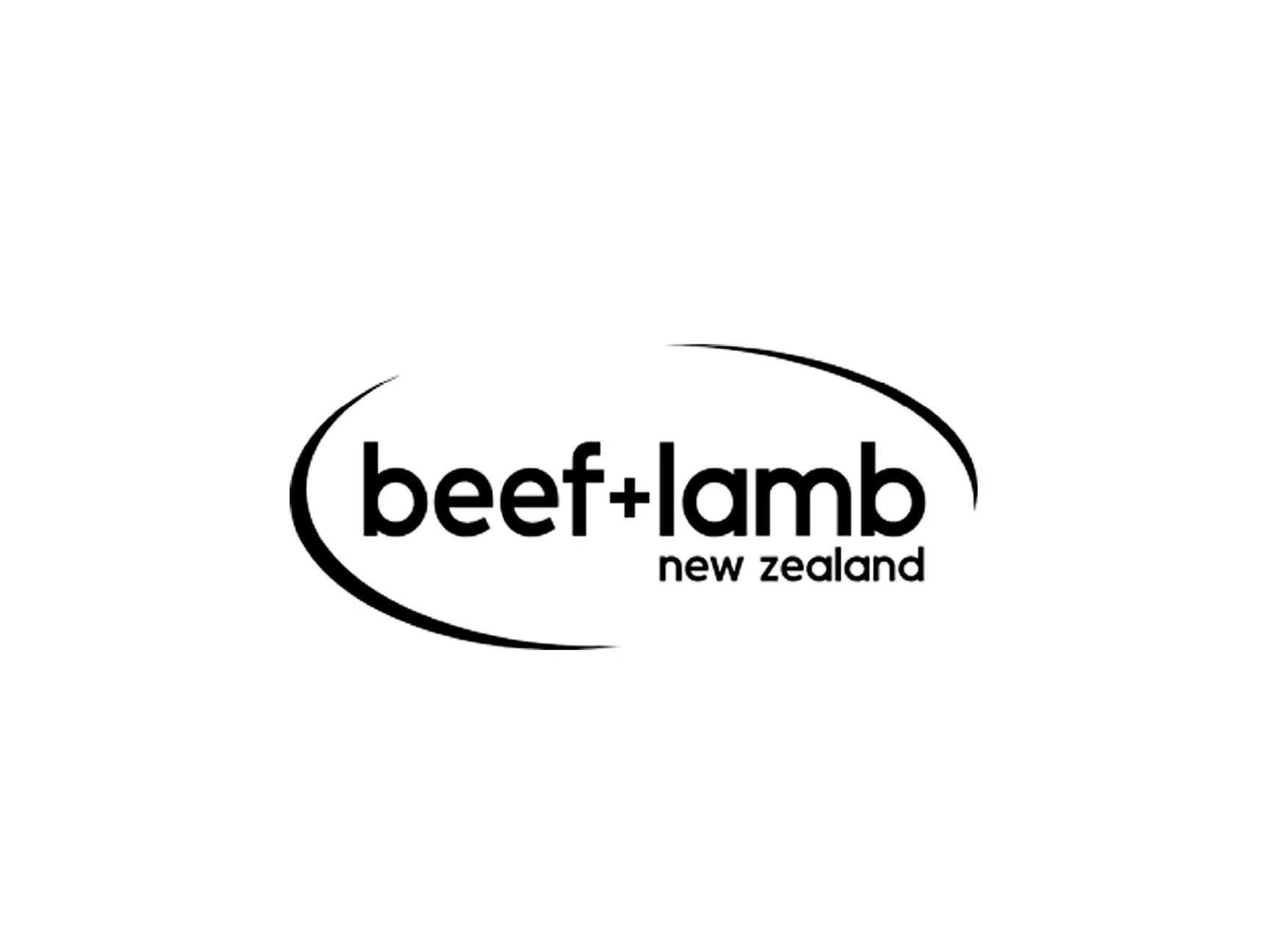 Logo for beef+lamb New Zealand, featuring the words 'beef+lamb' in bold lowercase letters with a plus sign between 'beef' and 'lamb,' and 'new zealand' in smaller letters underneath, all enclosed in a curved oval shape.