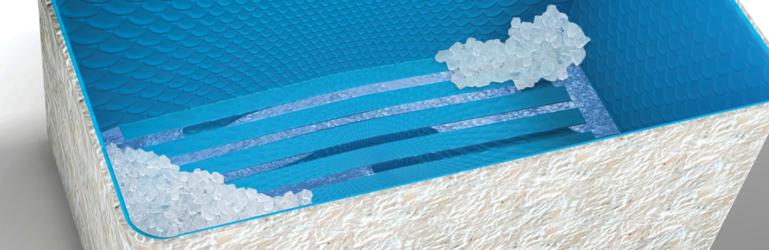 Cross-section of a craft project showing blue layered paper, two small clusters of clear resin beads, and a textured outer layer resembling fur or fibers.
