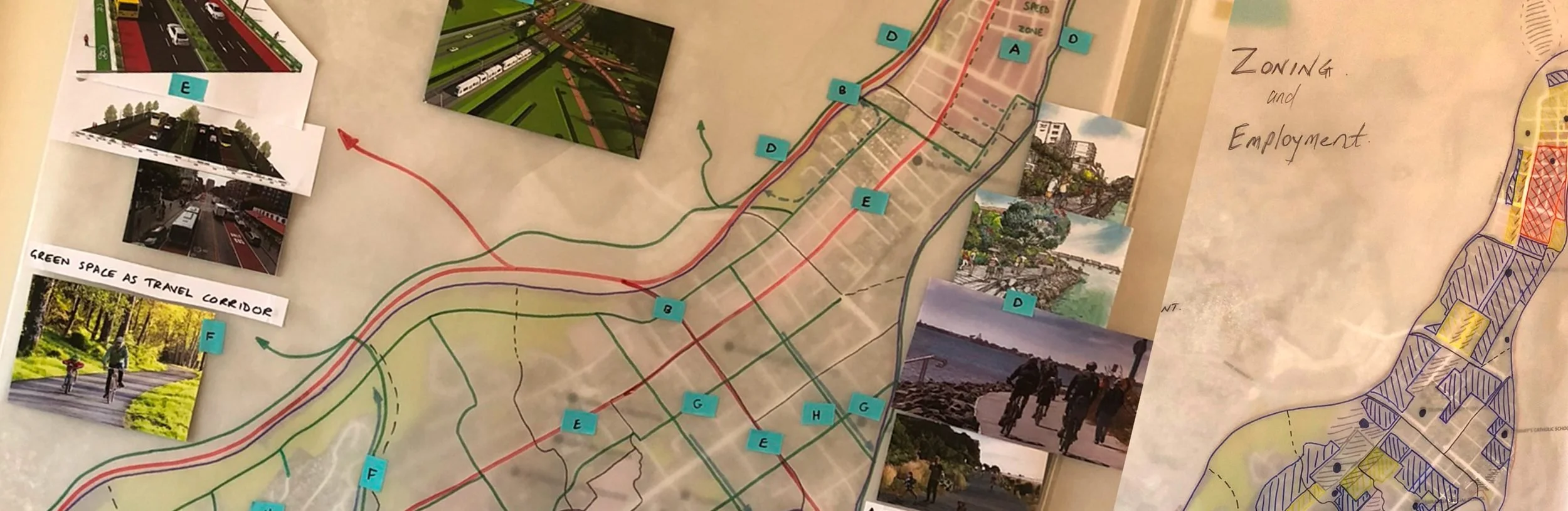 A wall display featuring maps, photos, and drawings related to urban planning. Includes a detailed city map with color-coded routes, photos of parks, transportation, and people walking or biking, and labels indicating zones for zoning and employment.