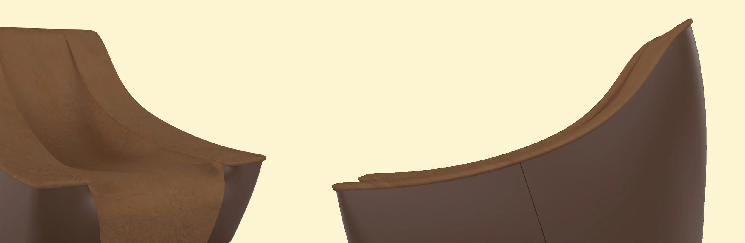 Close-up of two modern beige chairs with curved wooden backs against a light-colored background.