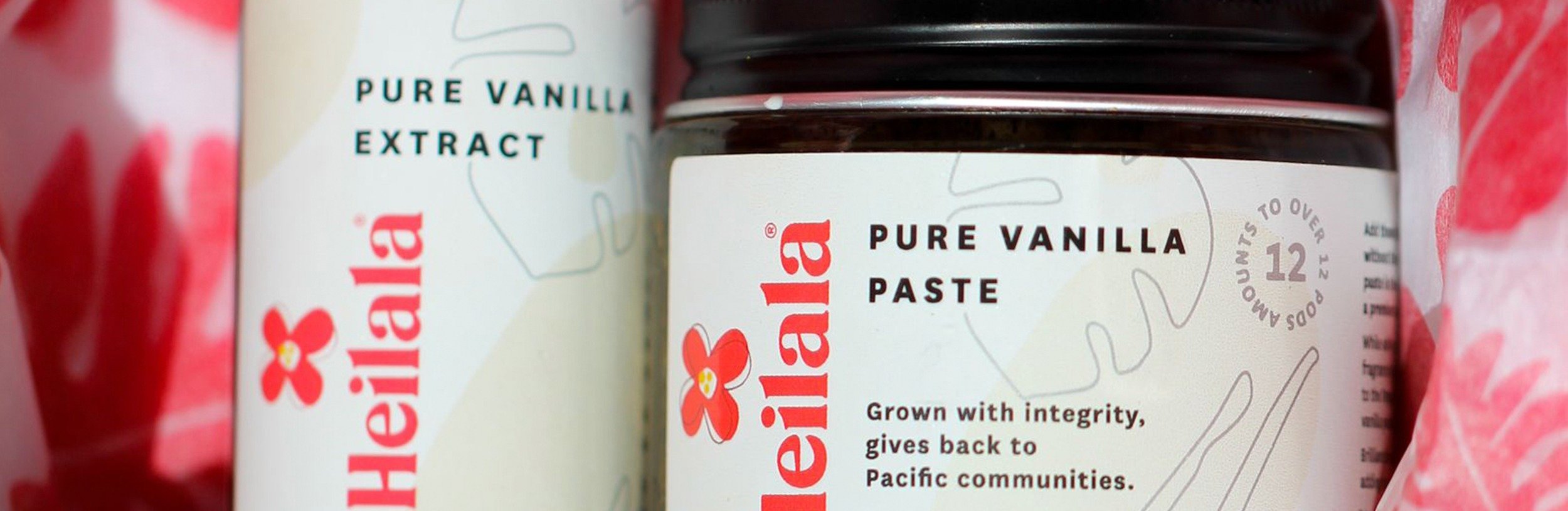 Close-up of Earth Balance Pure Vanilla Paste container with a partially visible second container behind it, both surrounded by pink and white patterned wrapping paper.