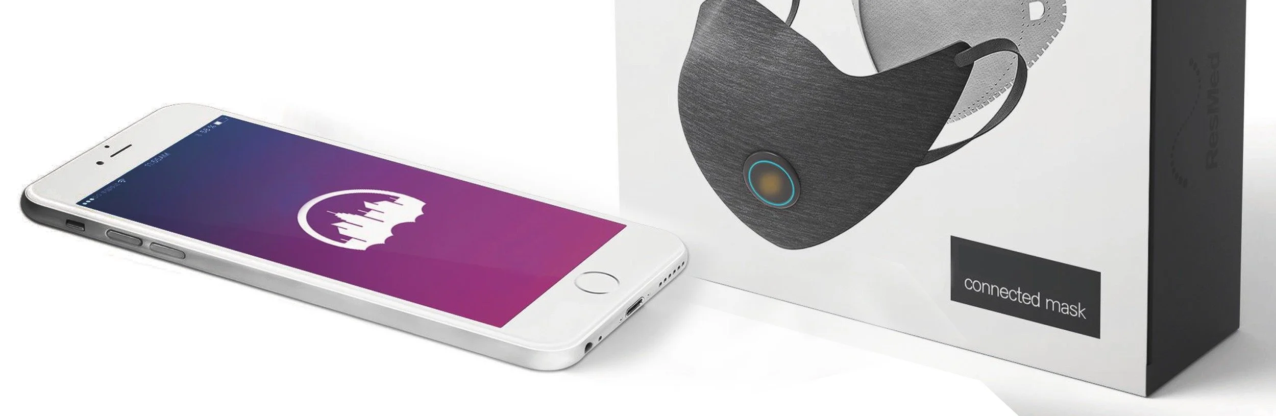 An iPhone lying flat displaying an app with a purple and pink gradient background and a white logo. Next to it, there's a box with an image of a connected smart mask device and the label 'connected mask'.