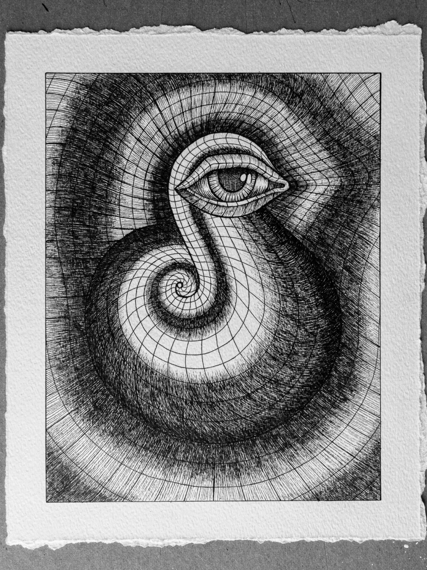 Eye of Spiral – intricate pen and ink drawing by Juvy Torres featuring a spiraling eye motif