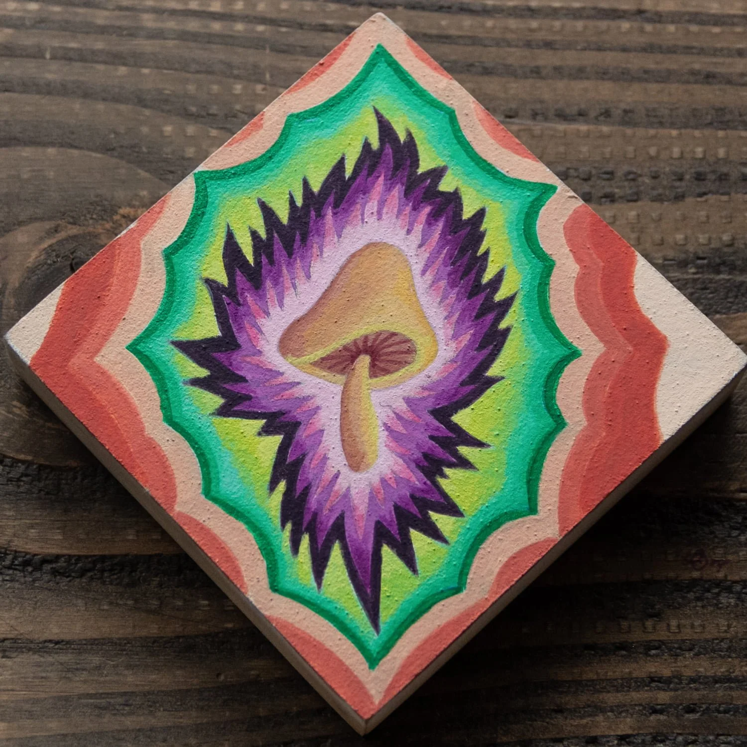 Flaming Fungi – psychedelic painting of luminous mushrooms radiating light and energy, by Juvy Torres