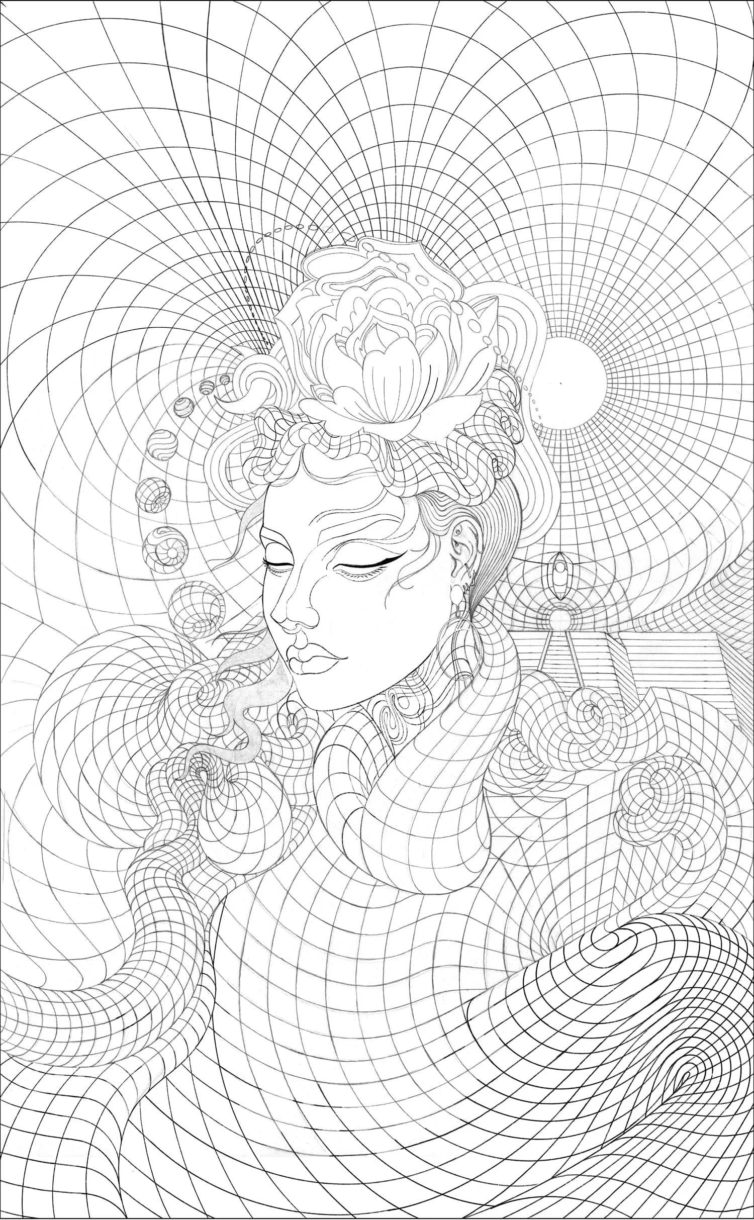 In Bliss – serene ink illustration capturing a state of pure joy and peace, by Juvy Torres
